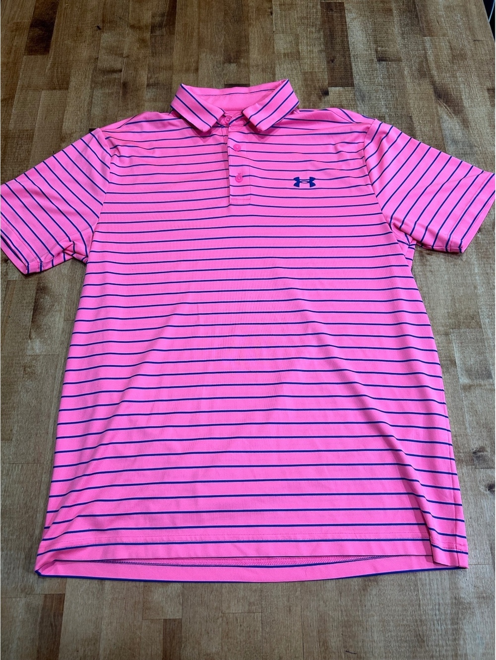 Under Armour The Playoff Polo Shirt Medium Pink with Navy Stripes